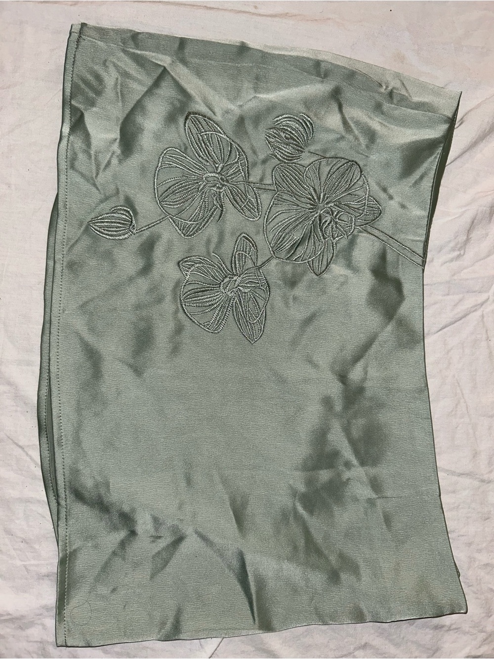 PrettyLittleThing Sage Green Satin Embroidered Scarf